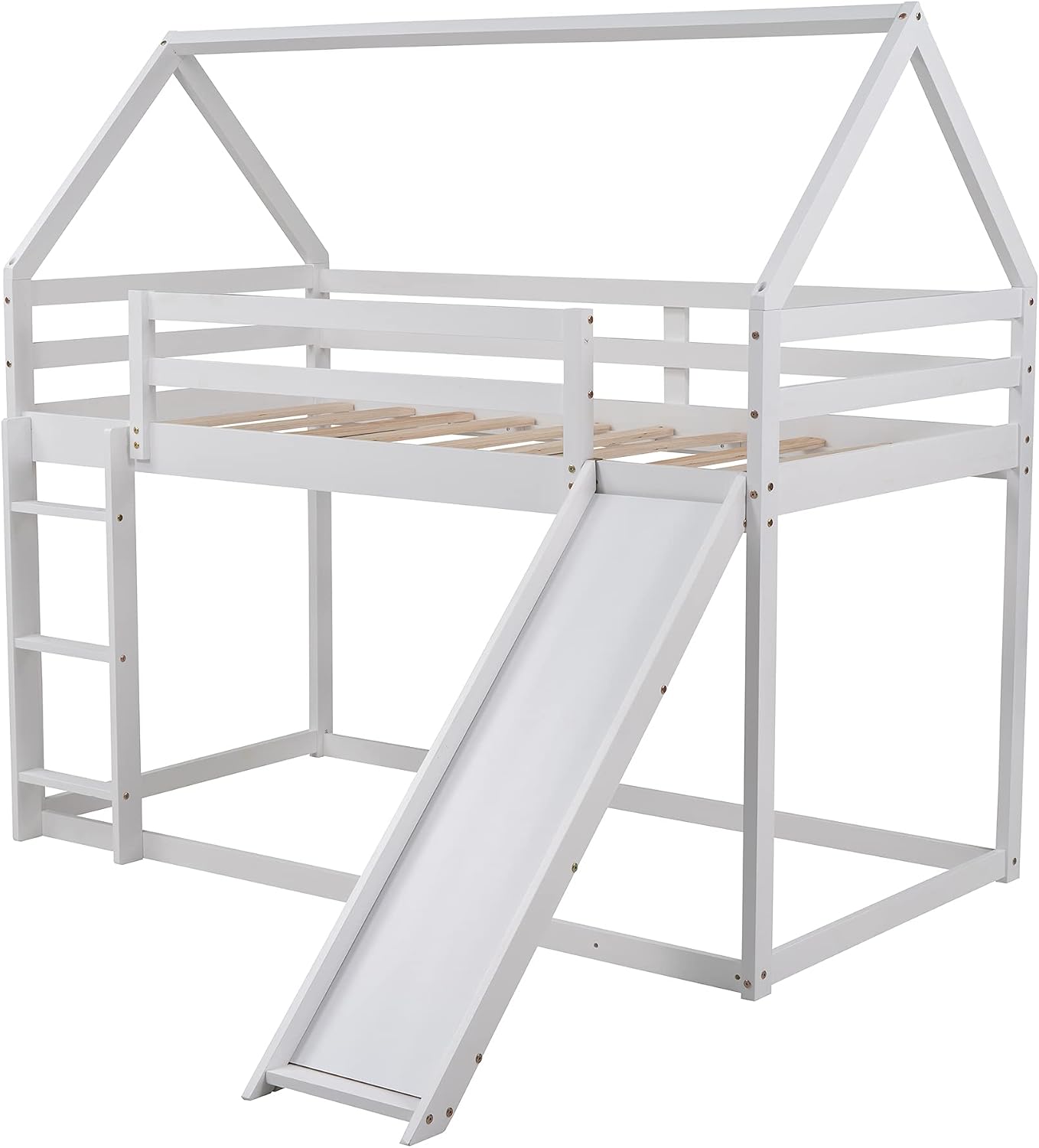 Bunk Bed for Kids Toddlers, Twin Over Twin House Shape Bunk Beds Frame with Slide, Can be Decorated Tent, Boys Girls Bedroom Dormitory Furniture (White-House Shape)