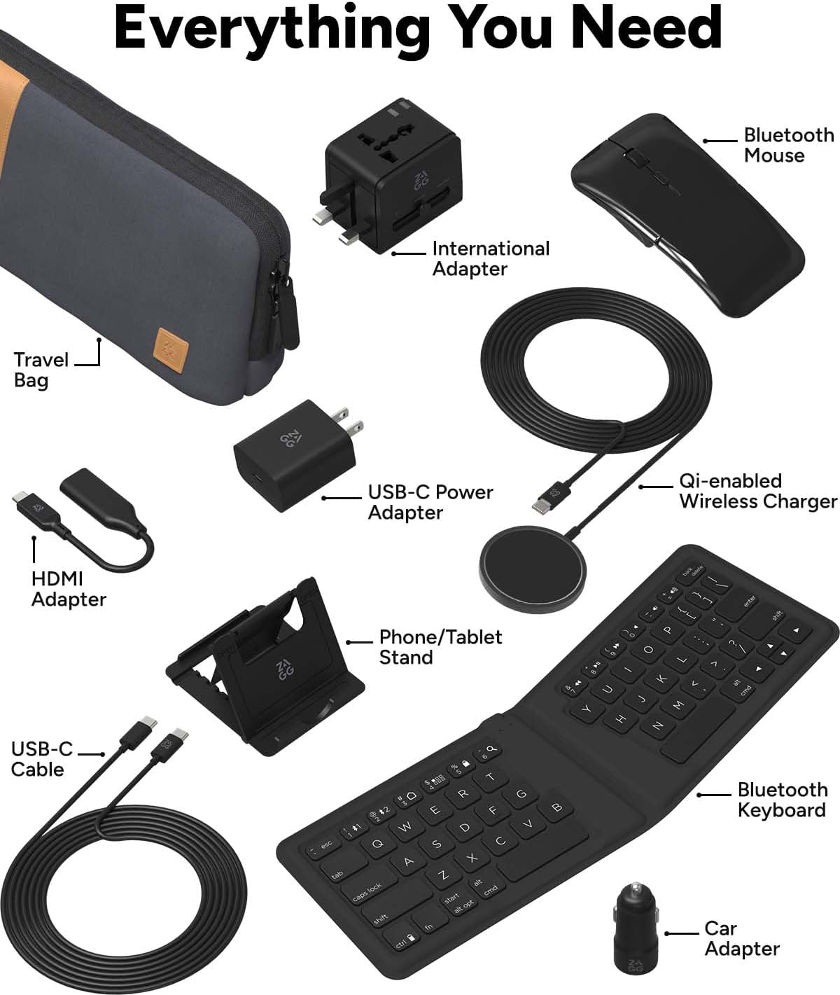 ZAGG Desktop Essentials Travel Kit for iPad, Tablets & Phones – Bluetooth Keyboard, Mouse, Qi Wireless Charger, HDMI & International Power Adapters in Compact Carrying Case
