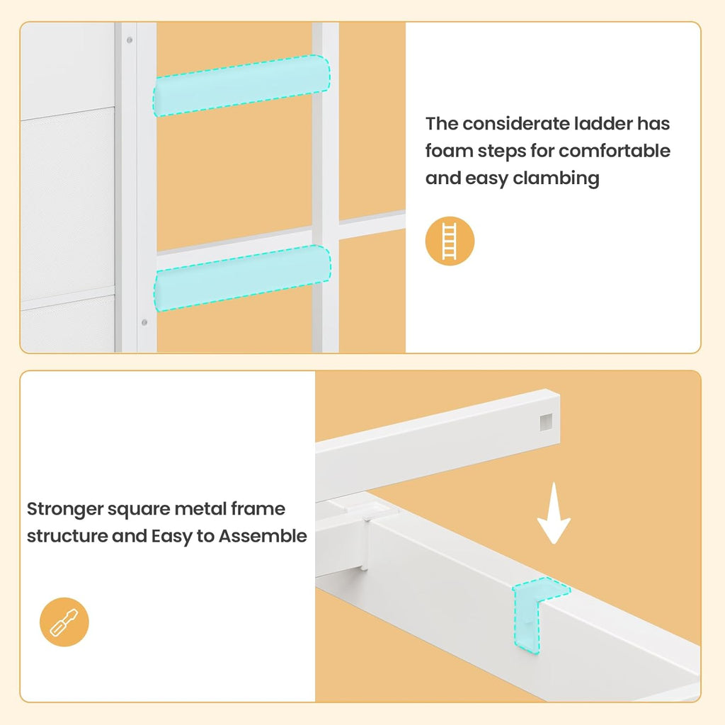 BTHFST Bunk Bed Twin Over Twin with 6 Large Fabric Drawers & 4 Wooden Storage Bookshelf Organizer, Metal Low Bunk Bed for Kids with LED Lights & Safety Ladder and Guardrail, Space Saving