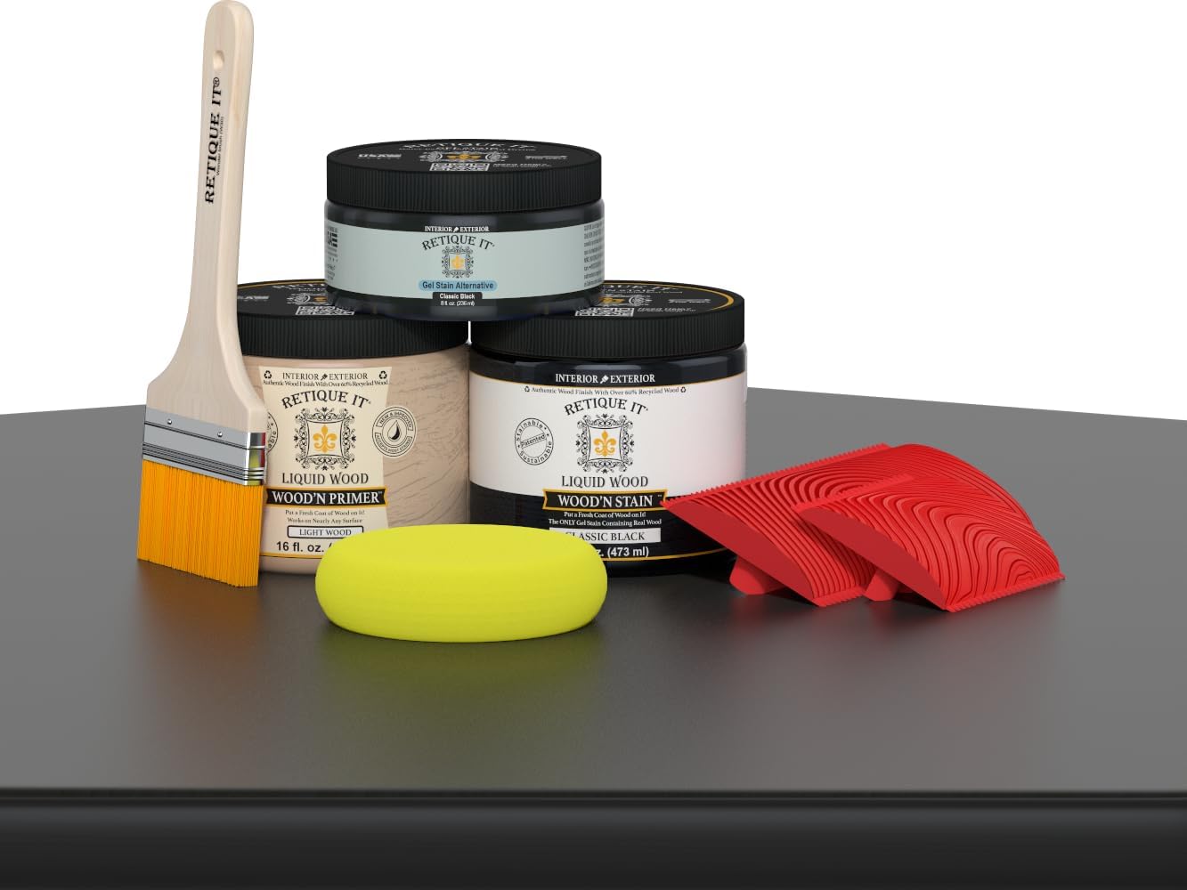 Retique It Wood Finish Multi-Purpose Kit - GO Beyond Faux Wood with Paintable Liquid Wood Based Primer and Gel Stain - Graining Tools Included (2X 16oz, Classic Black)