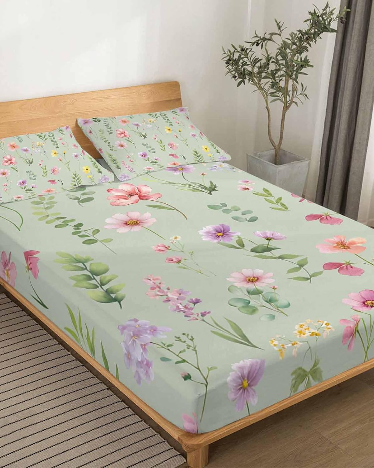 Pink Spring Floral Cal King Sheet Set 4 Piece Bedding - Farmhouse Flowers Sage Green Leaves Breathable Comfy Cooling Bed Sheets & Pillowcase Sets, Hotel Luxury Flat Sheets Deep Pockets Fitted Sheet