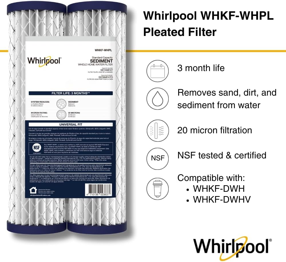 Whirlpool 10' x 2.5' Whole House Sediment Water Filters, WHKF-WHPL Pleated Filter, 20 Micron, NSF Certified Reduces Sand, Soil, Silt & Rust for Standard Filter Housings, 24-Pack