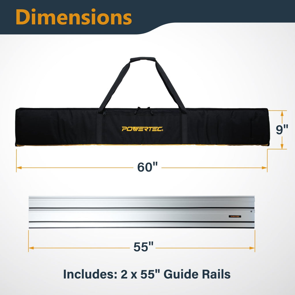 POWERTEC 110' Track Saw Guide Rail Joining Set for Ridgid Track Saws, Include 2x55' Extruded Aluminum Guide Rail, 2 Rail Extension Connectors and Protective Carrying Bag (72133)