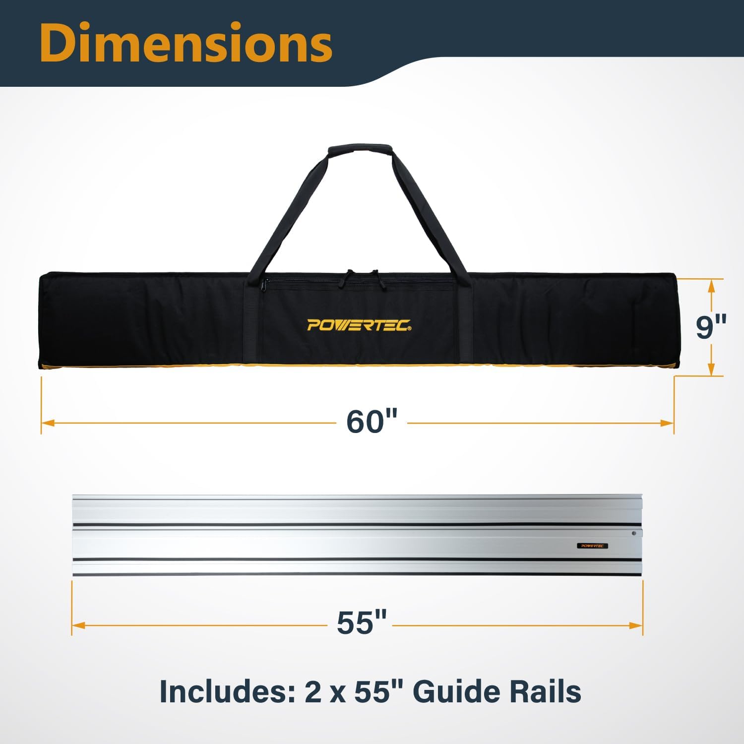 POWERTEC 110' Track Saw Guide Rail Joining Set for Ridgid Track Saws, Include 2x55' Extruded Aluminum Guide Rail, 2 Rail Extension Connectors and Protective Carrying Bag (72133)