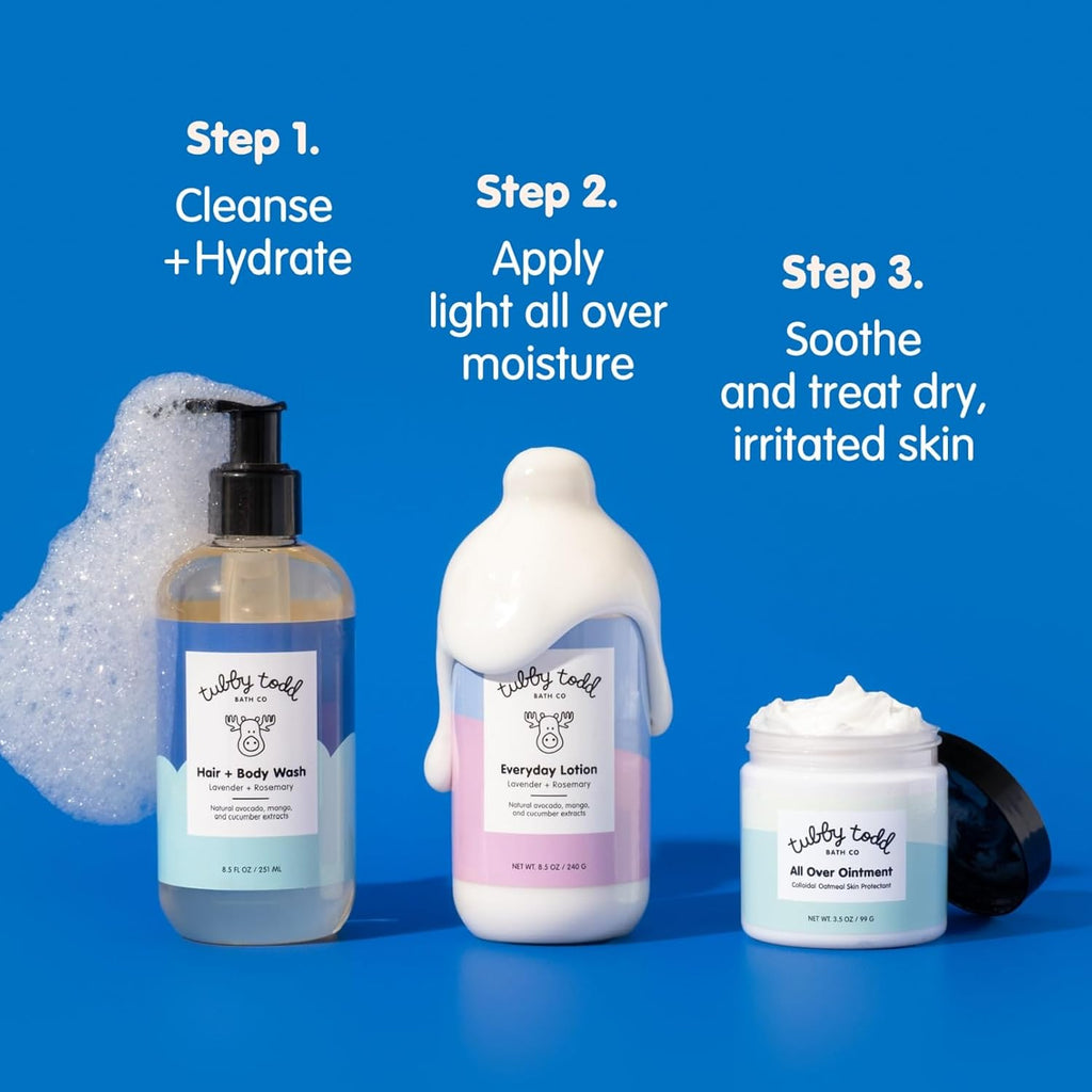 TUBBY TODD 3-Step Baby Bath & Skincare Routine - The Regulars Bundle - Baby Shampoo and Body Wash, Everyday Lotion 25 Oz & All Over Ointment 8 Oz - Lavender Rosemary