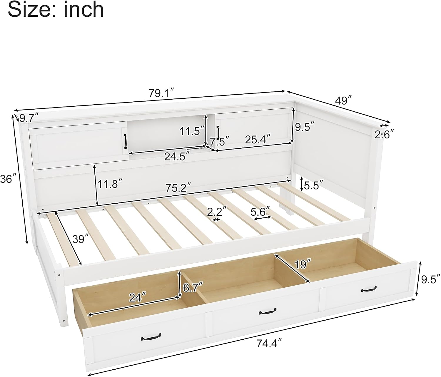Twin Size L-Shaped Bed with Drawer and Bookcase, Multifunctional Corner Bed, Wooden Captain Bed Frame with Led Downlight and USB Port for Kids Teens Adults