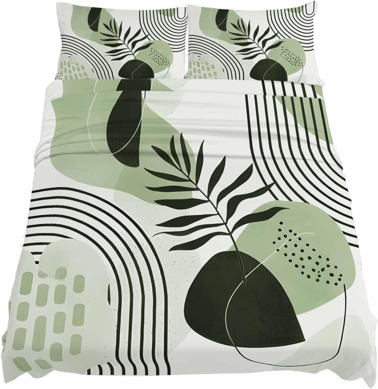 Boho Geometric Cal King Sheet Set 4 Piece Bedding - Farmhouse Green Abstract Stripes Leaves Breathable Comfy Cooling Bed Sheets & Pillowcase Sets, Hotel Luxury Flat Sheets Deep Pockets Fitted Sheet