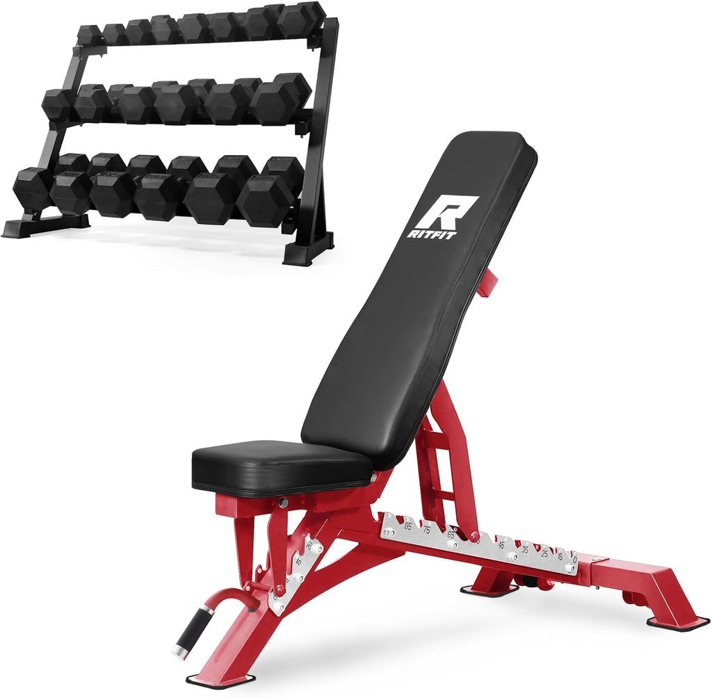 RITFIT 300/350/650LBS Rubber Coated Hex Dumbbell Set with Rack and Multi-Position Weight Bench, 1300LB Capacity for Full Body Workout