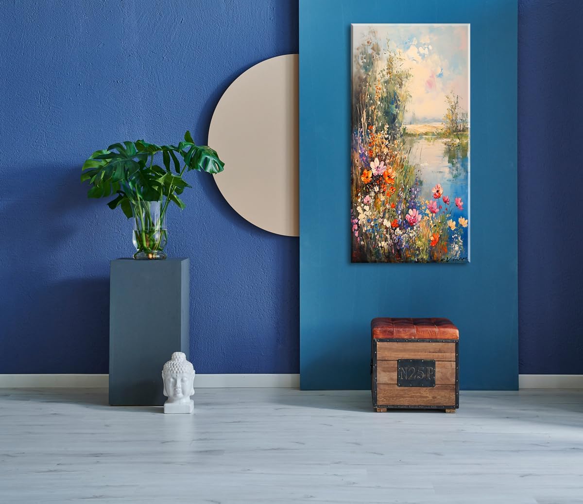 ZOMNAI Vertical Landscape of Vintage Art Painting Colorful Flower on Meadow by Lake Water Wall Art Decor Artwork for Bedroom (30x60 Inches)