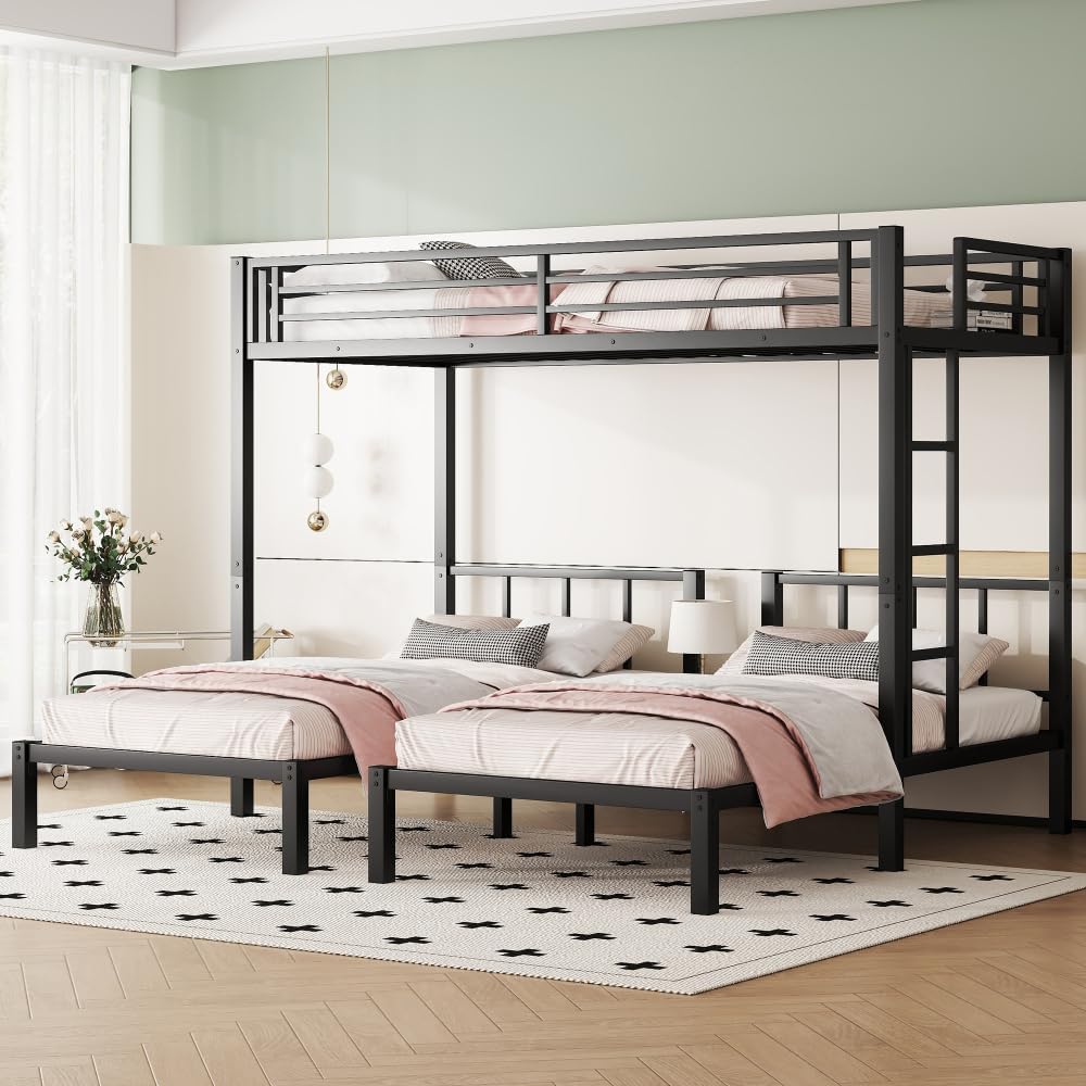 Twin Over Twin & Queen Bunk Bed, with Safety Guardrails,Space-Saving/Noise Reduced,Black (Black + Metal)
