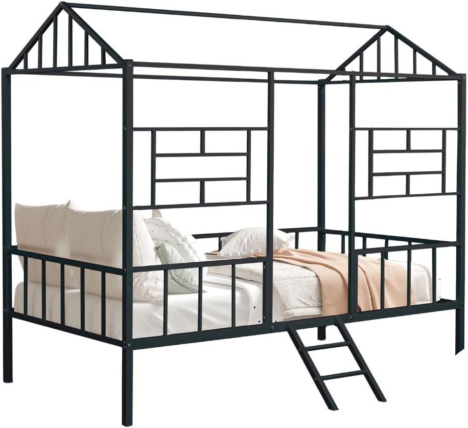 GOWE Black Finish Twin Bunk Bed Contemporary Style House Design with Full Metal Construction and Angled Ladder