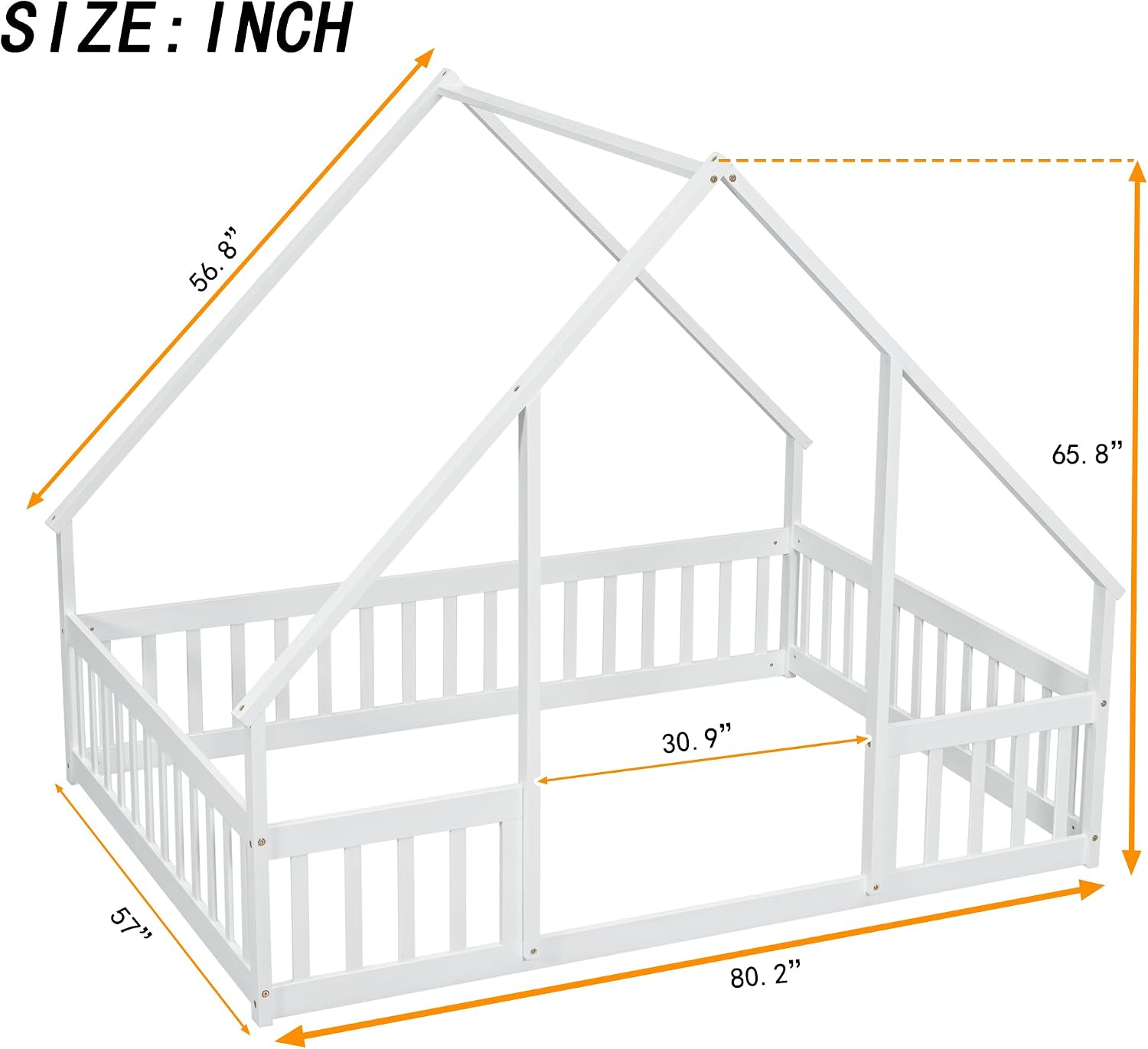 JIVOIT House Bed Full Size Floor Bed, Full Wood House-Shaped Floor Bed with Fence and Guardrails, Wood House Roof Frame, Montessori Floor Bed Frame (White-Full,129)