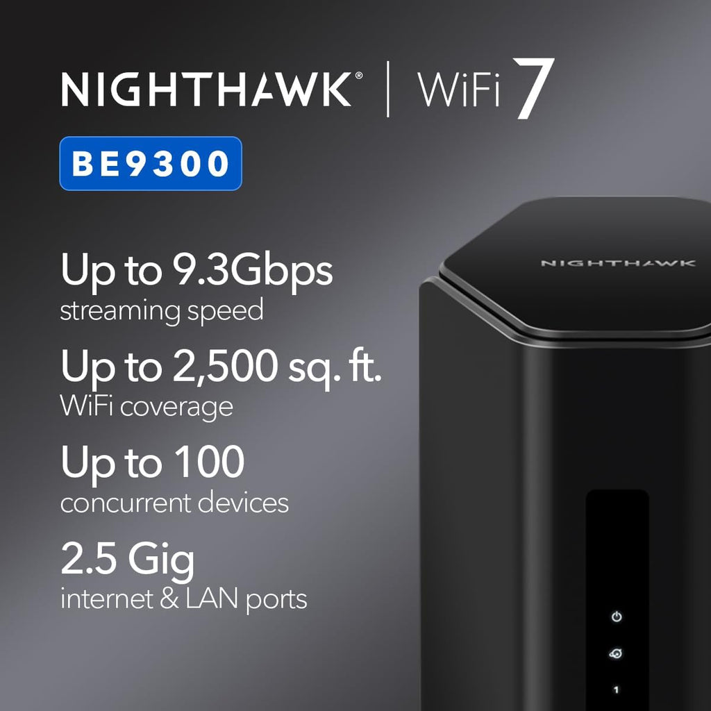 NETGEAR Nighthawk WiFi 7 Router (BE9300) – Router Only, 9.3Gbps Wireless Speed, 2.5 Gigabit Internet Port, Tri-Band for Gaming, Covers 2,500 sq. ft., 100 Devices, VPN – Free Expert Help