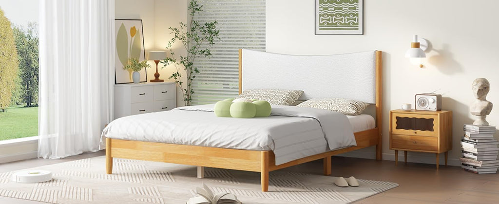 Queen Size Bed Frame with Storage, Solid Rubber Wood Platform Bed with Boucle Upholstered Headboard, Enhanced Support Feet for Stability, American Style Modern Bedroom Furniture
