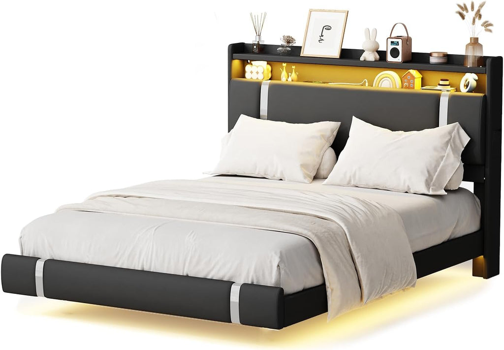 Floating Bed Frame, Full Size Platform Bed Frame with LED and Charging Station, Modern Black Metal Platform Full Bed with Storage Headboard, Upholstered Platform Bed Frame, No Box Spring Needed