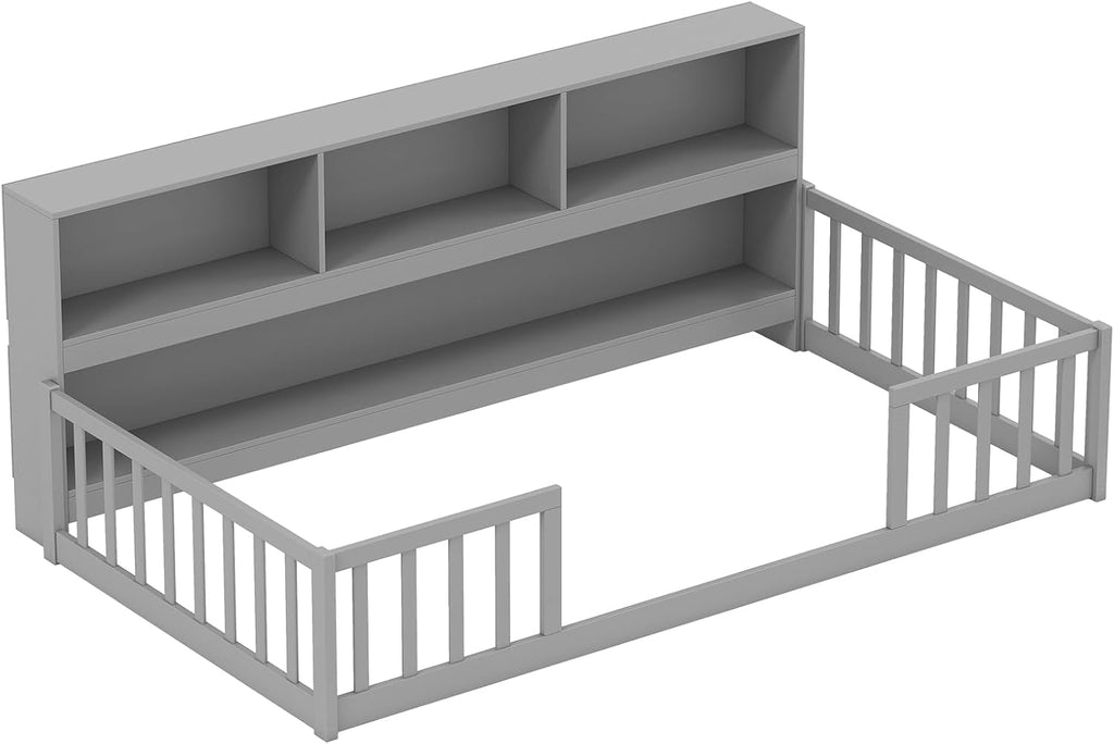 BECOMFORT Twin Floor Bed for Kids, 2-in-1 Kids Twin Floor Bed Frame with Bedside Bookcase & Safety Guardrails, Montessori Bed for Boys Girls
