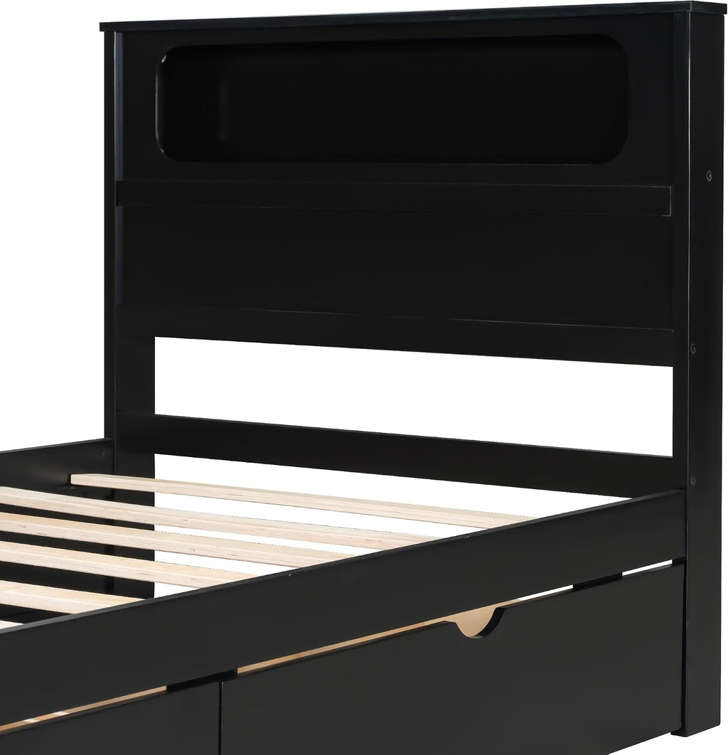 JIVOIT Twin Size Wooden Gaming Platform Bed with Desk, Two Storage Drawers, Headboard, Wood Slats Support, No Spring Box Needed