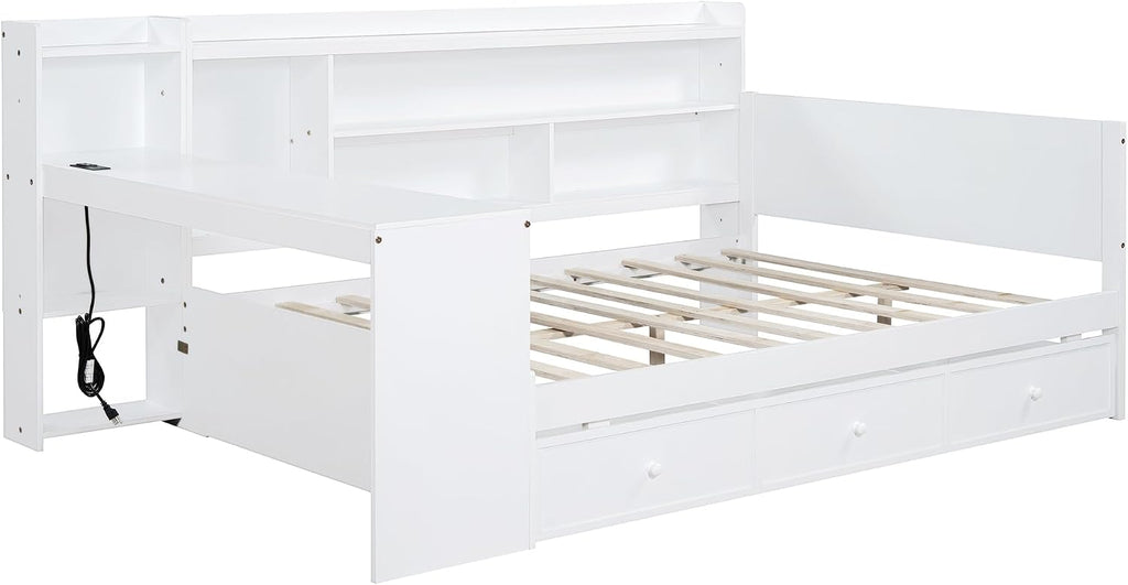Full Size Daybed with Storage Shelves and Study Desk, Wooden Daybed Sofa Bed Frame with 3 Drawers and USB Ports for Office Living Room Bedroom, Maximize Space (White-22U)