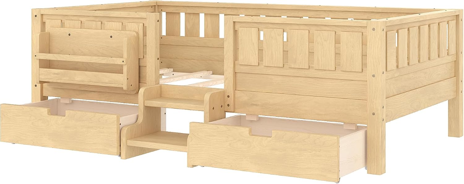Bellemave Twin Size Kids Montessori Bed with Stairs and Bookshelf,Solid Wood Twin Size Kids Bed Frame with Drawers and Storage for Girls Boys,Low-Profile,Light Natural