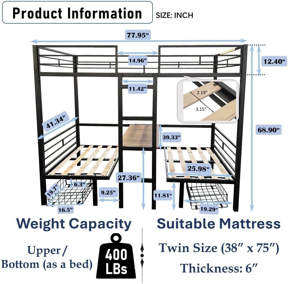 Twin Size Loft Bed with Table Sets Transformable to Twin Over Twin Bunk (Black + Steel + Twin)