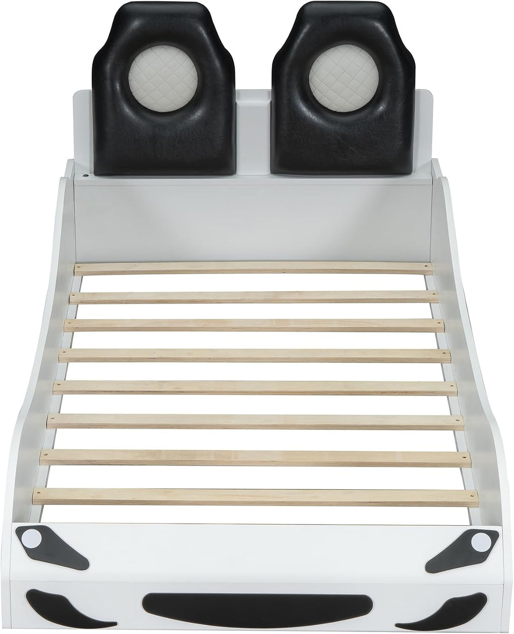 Race Car-Shaped Platform Bed with LED and Upholstered Backrest,Wood Bed Frame with Slat for Bedroom,No Box Spring Needed (White, Twin)