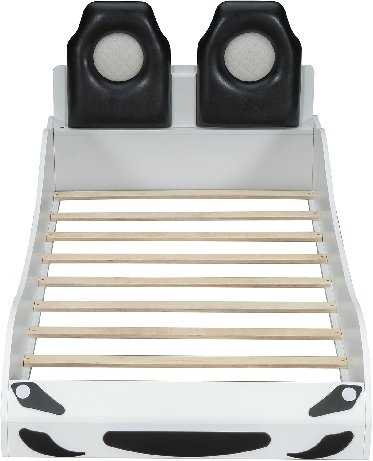 Race Car-Shaped Platform Bed with LED and Upholstered Backrest,Wood Bed Frame with Slat for Bedroom,No Box Spring Needed (White, Twin)