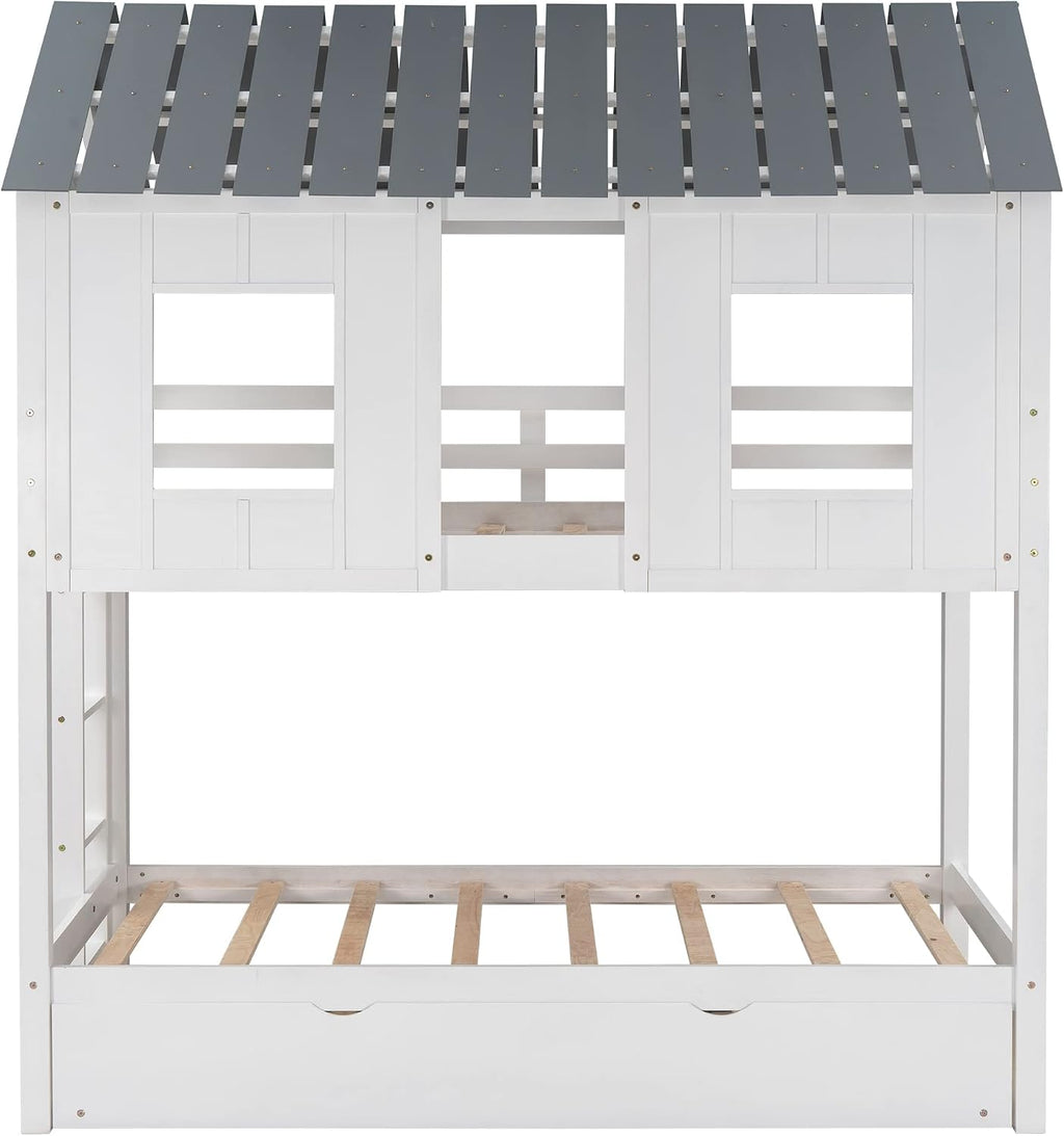 Twin Over Twin Bunk Bed for Kids Toddlers, House Bunk Bed Farm with Trundle/Roof/Windows/Guardrail for Girls/Boys, No Spring Box Required