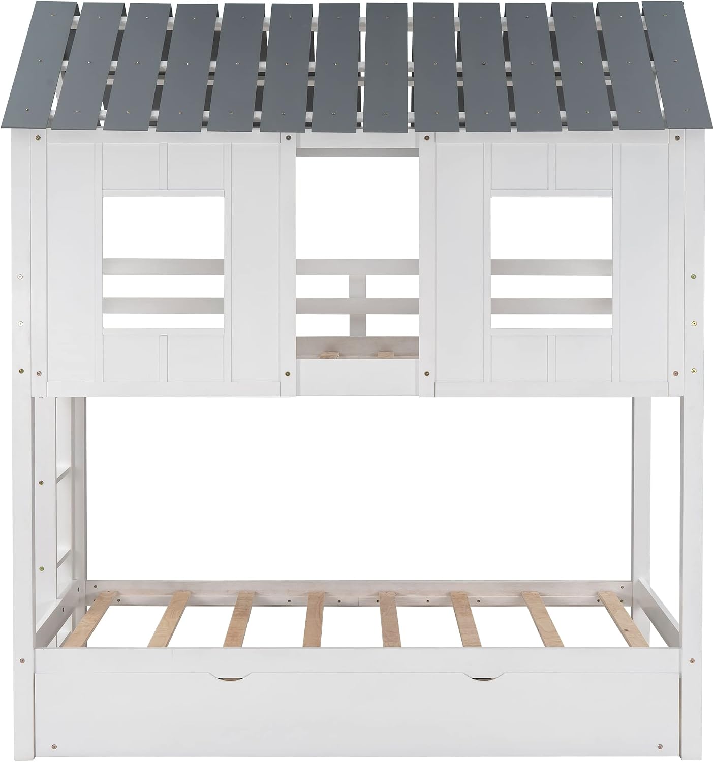 Twin Over Twin Bunk Bed for Kids Toddlers, House Bunk Bed Farm with Trundle/Roof/Windows/Guardrail for Girls/Boys, No Spring Box Required