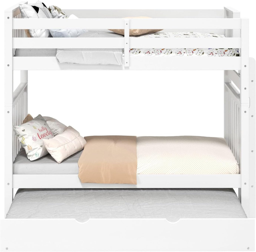 Bedz King Tall Bunk Beds Twin Over Twin Mission Style, End Ladder, Twin Trundle, White