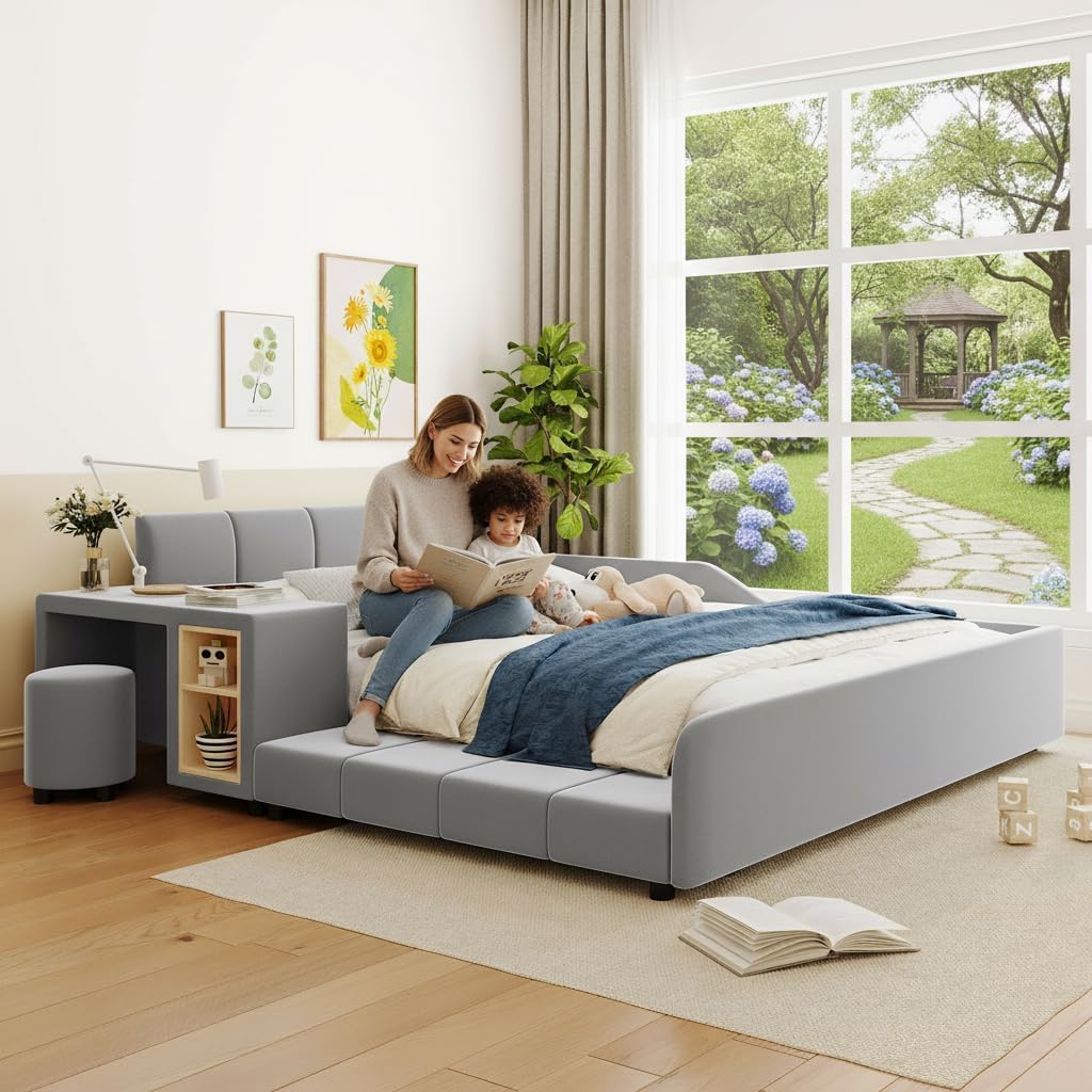 Queen Size Upholstered Bed Frame with Bedside Desk and Little Round Stool, Modern Comfortable Soft Bed with Sturdy Slats Support, Mother & Child Bed for Kids Adults (Gray, Queen)