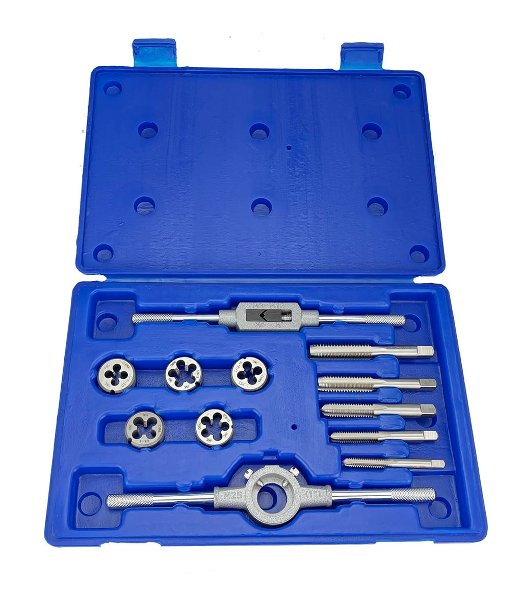 Drill America 12 Piece NC HSS Round Tap and Die Set (1/4-1/2) with 1 OD Round Dies and Handles