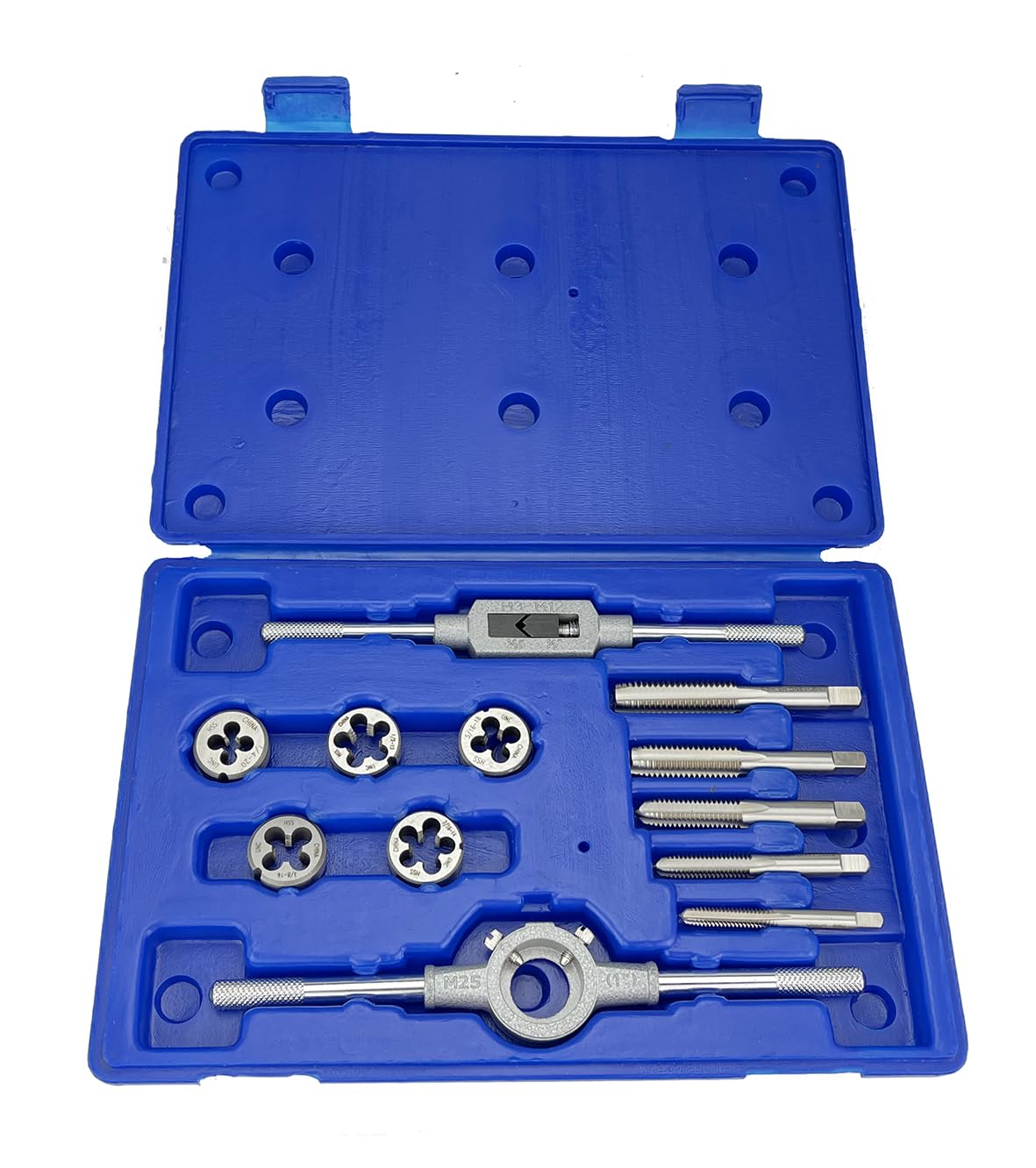 Drill America 12 Piece NF HSS Round Tap and Die Set (1/4-1/2) with 1 OD Round Dies and Handles