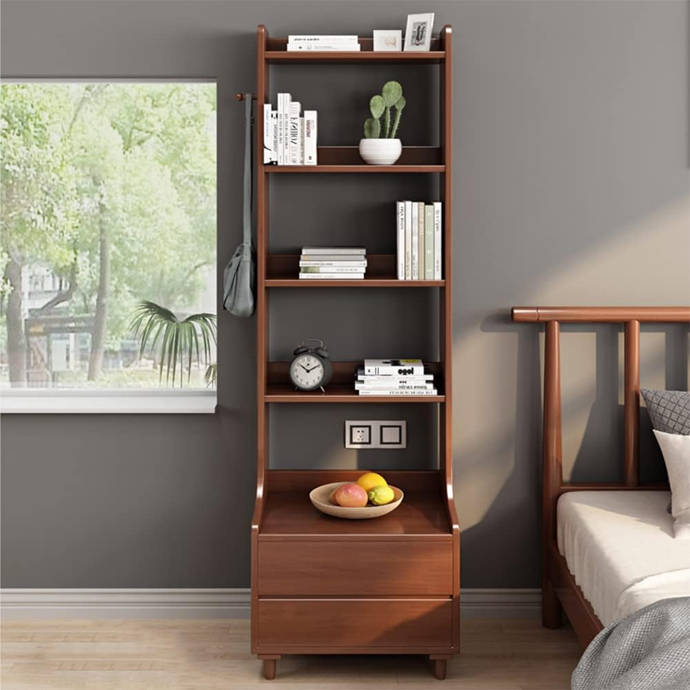 IOTXY Walnut Bedside Table Bookshelf - 71' Tall Free Standing Wooden Open Shelf Bookcase with Drawers and 4-Shelves for Bedroom, Bed Side End Table, Nightstand