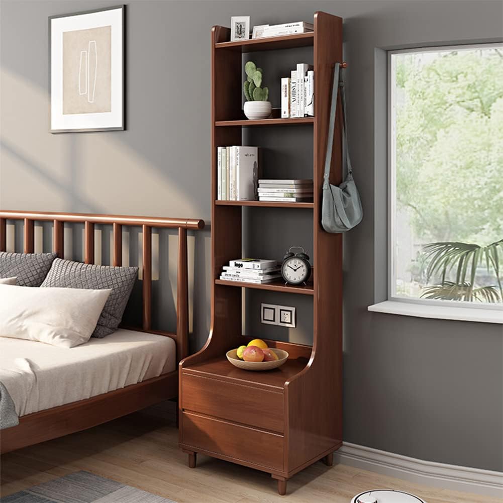 IOTXY Walnut Bedside Table Bookshelf - 71' Tall Free Standing Wooden Open Shelf Bookcase with Drawers and 4-Shelves for Bedroom, Bed Side End Table, Nightstand