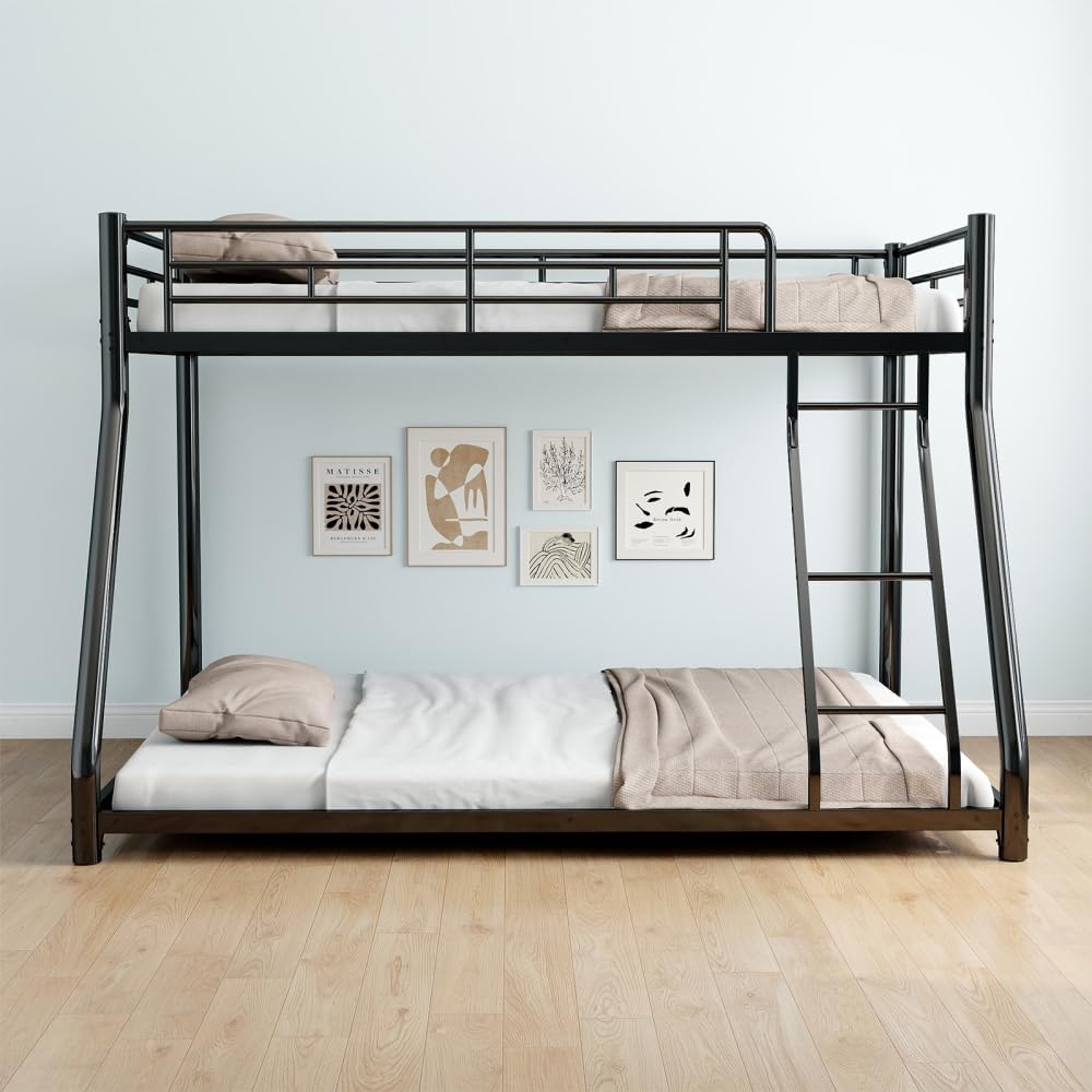 Twin Over Full Metal Bunk Bed, with Ladder & Full-Length Guardrail for Teens Adults, Noise Free (Black + Metal + Twin)