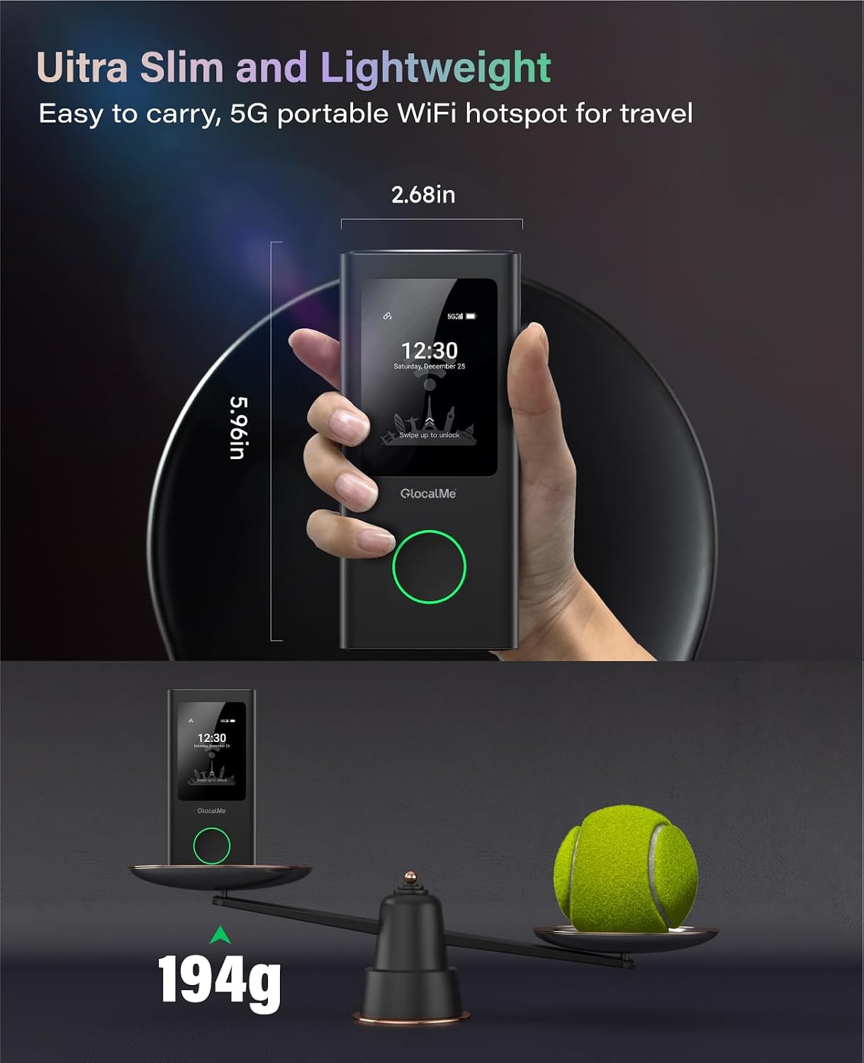 GlocalMe Numen Air 5G Hotspot with 50GB US/CA/MX Data 90Days, Portable WiFi Hotspot for Travel, Ultra High Speed Mobile Hotspot Device with Touch Screen, No SIM Card Required, 16 Connected Devices