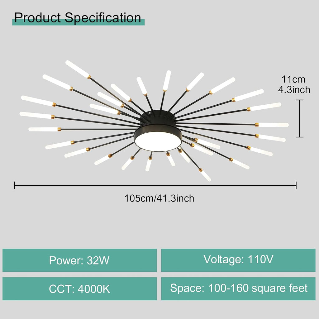 ziidoo Modern Ceiling Light, 28+1 Lights Metal Firework Designed Chic Led Lighting Fixture for Farmhouse Kitchen Dining Room Bedroom Hallway Living Room (Black)