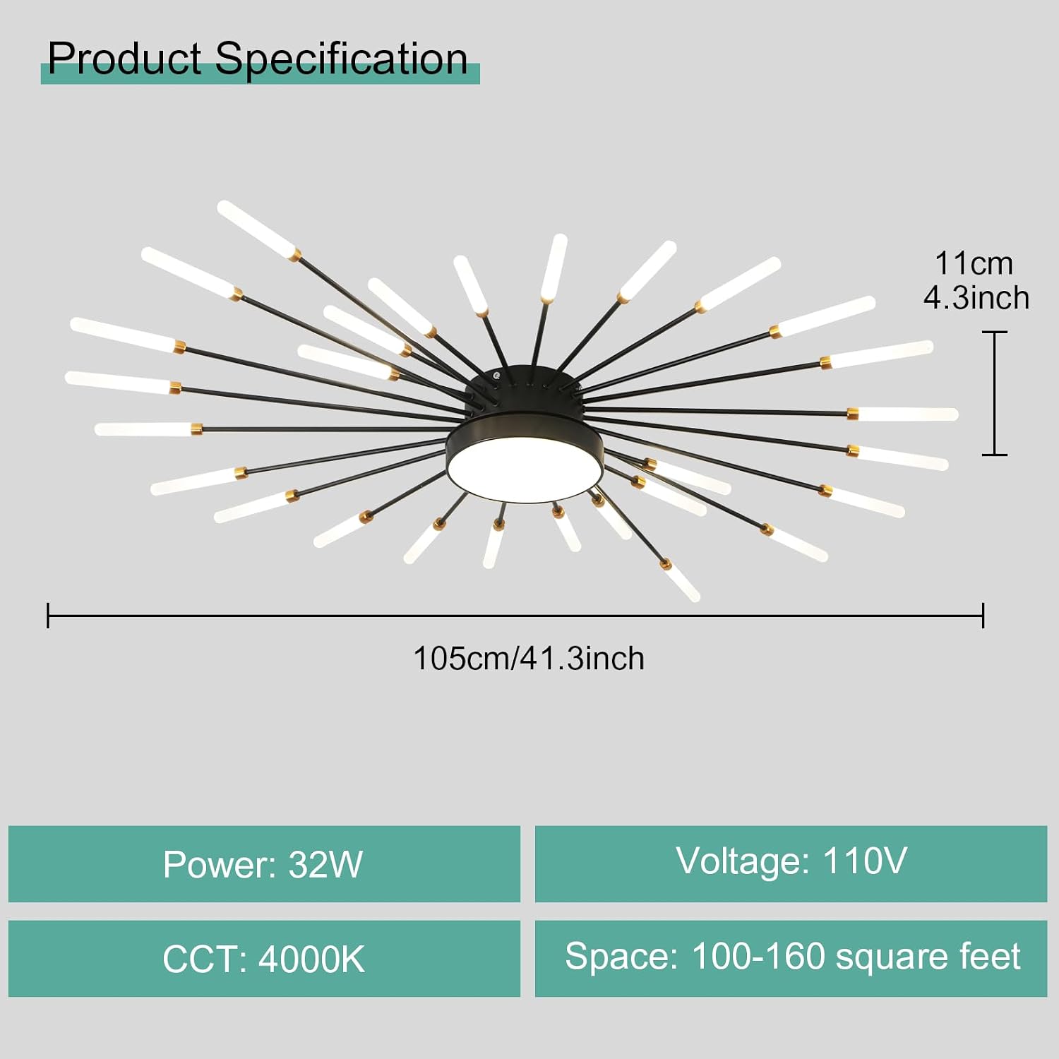 ziidoo Modern Ceiling Light, 28+1 Lights Metal Firework Designed Chic Led Lighting Fixture for Farmhouse Kitchen Dining Room Bedroom Hallway Living Room (Black)