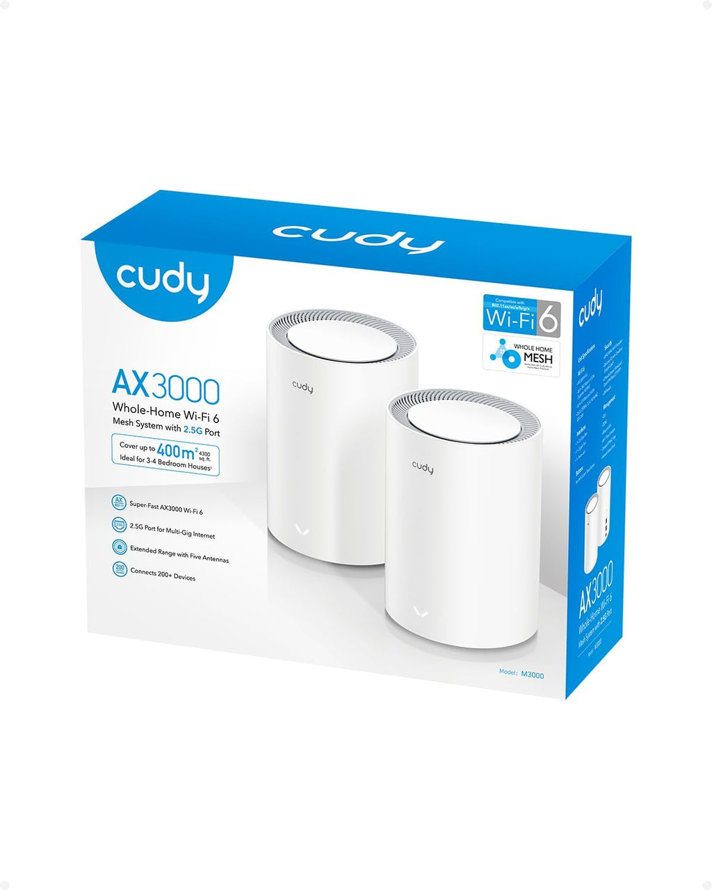Cudy WiFi 6 Mesh Router AX3000, 2.5G Port, Whole Home Mesh WiFi System, Dual Band 3000Mbps, Connect 200+ Devices, App Control & Parental Control, VPN Router for Gaming, Streaming & Smart Home, 2-Pack
