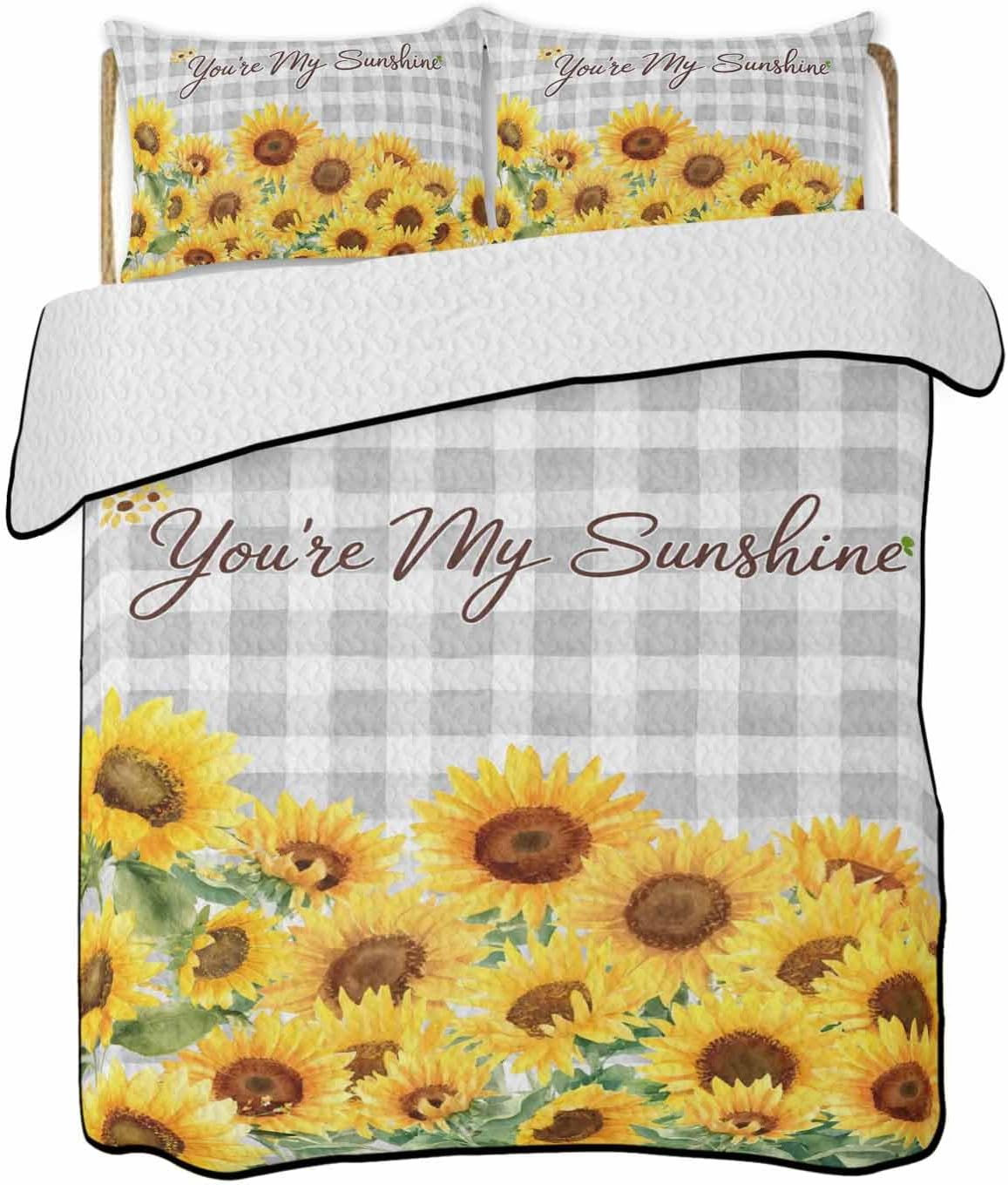 Quilt King Size Bedding Set, Yellow Sunflowers Lightweight Summer Quilt 3 Pieces Bedding Sets, Summer Floral Elegant Pastoral Checkered Reversible Soft Bedspreads Coverlets with 2 Pillow Shams