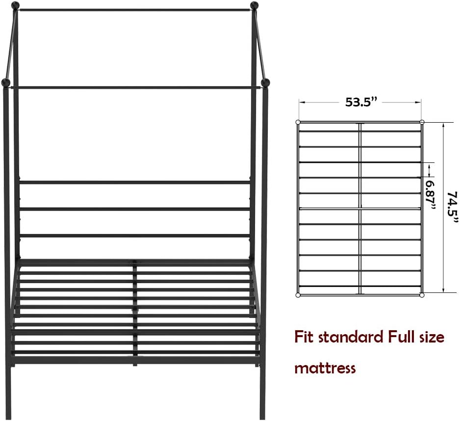 JOM Canopy Bed Frame Full Size Black Metal 4 Poster Double Bedframe Modern Post Corner with Headboard for Girls Boys
