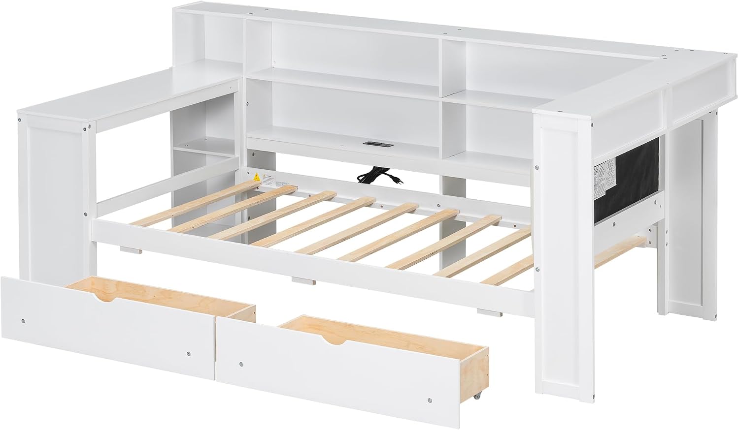 Twin Size Platform Bed with Storage Shelves and Drawers, Solid Wood Daybed with Charging Station, LED, Desk and Upholstered Headboard for Living Room Bedroom (White-JU11)