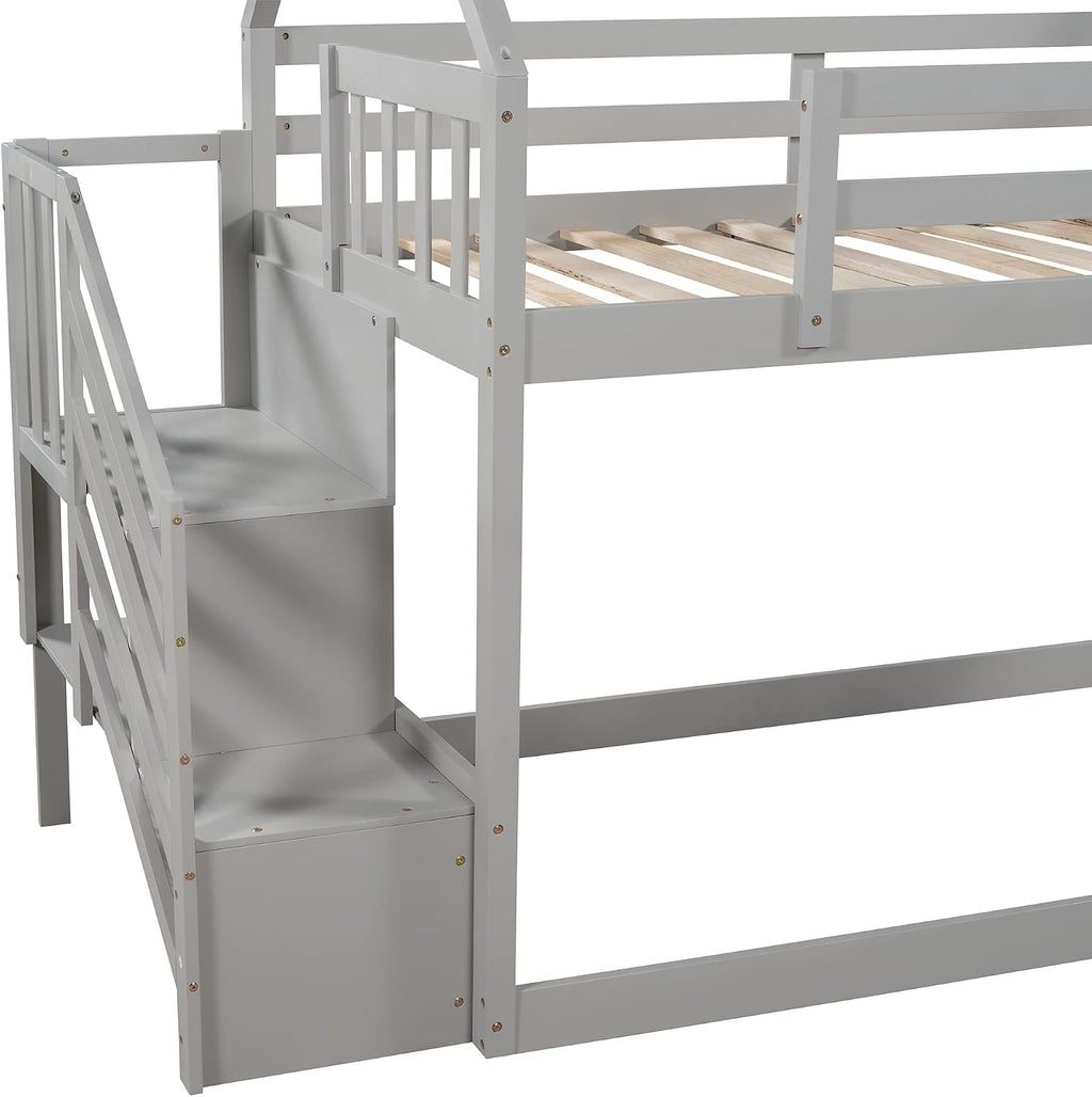 Twin Over Twin Bunk Bed with Slide for Kids Toddlers, House Bunk Bed Farm with Storage Steps and Roof Guardrail for Girls/Boys, No Spring Box Required (Gray-Storage Steps#2)