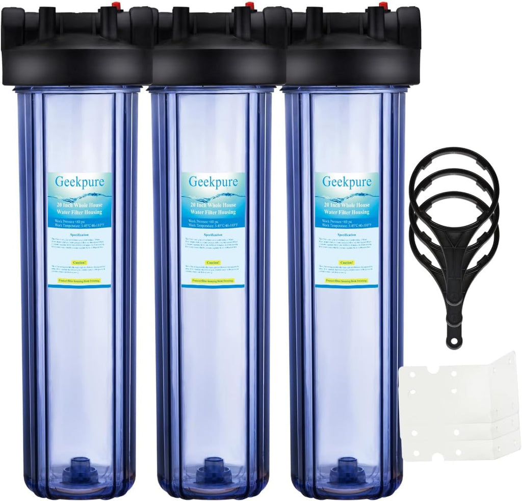 Geekpure 20 Inch Clear Whole House Water Filter Housing with Wrench Bracket -4.5' x 20' - 1' NPT Brass Port -Pack of 3