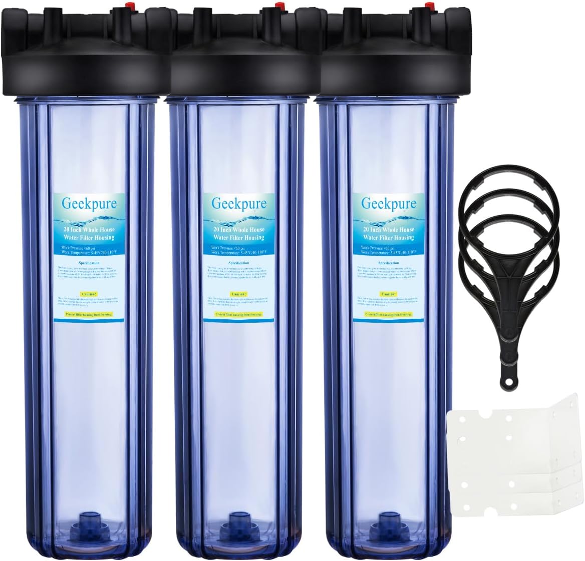 Geekpure 20 Inch Clear Whole House Water Filter Housing with Wrench Bracket -4.5' x 20' - 1' NPT Brass Port -Pack of 3