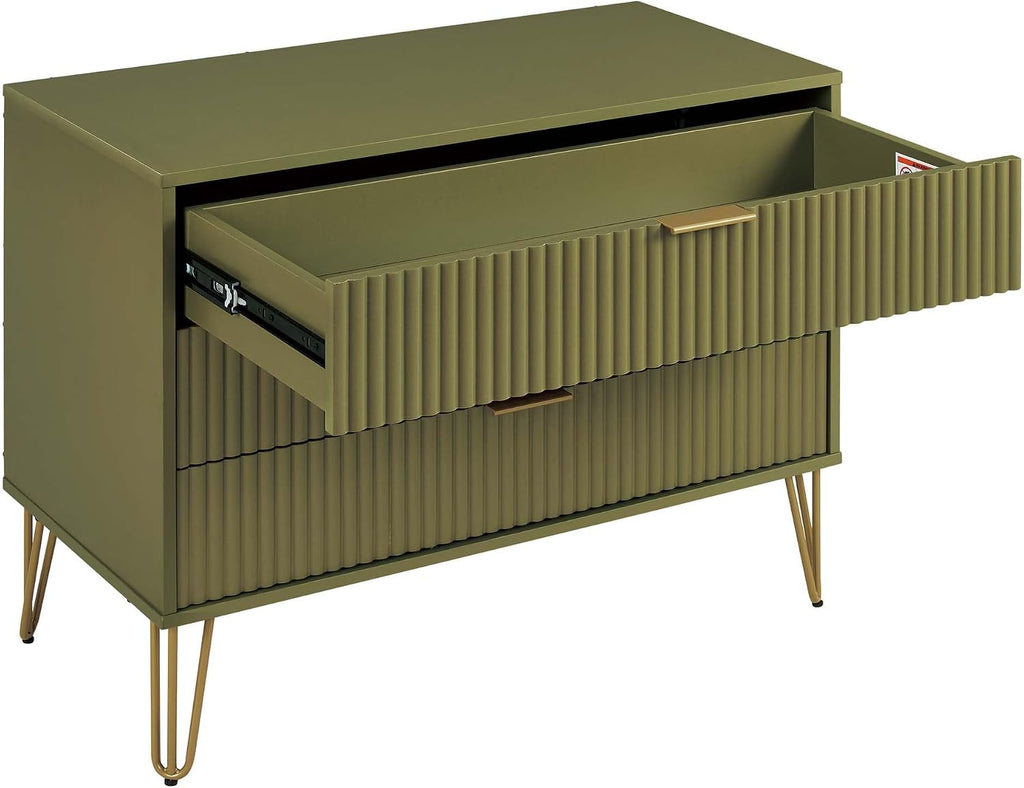 Manhattan Comfort DUMBO 2 Piece Modern Set, 3 Drawer Dresser, 1 Drawer Nightstand with Fluted Ribbed Front, Gold Metal Legs, No Tool Assembly, Storage Cabinet for Bedroom or Living Room in Olive Green