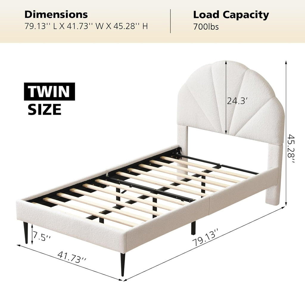 VELOCAVA Twin Size White Boucle Bed with Seashell Headboard, Upholstered Platform Girls Bed with Soft Rounded Corners, Wooden Slats Support, No Box Spring Needed, Easy Assembly