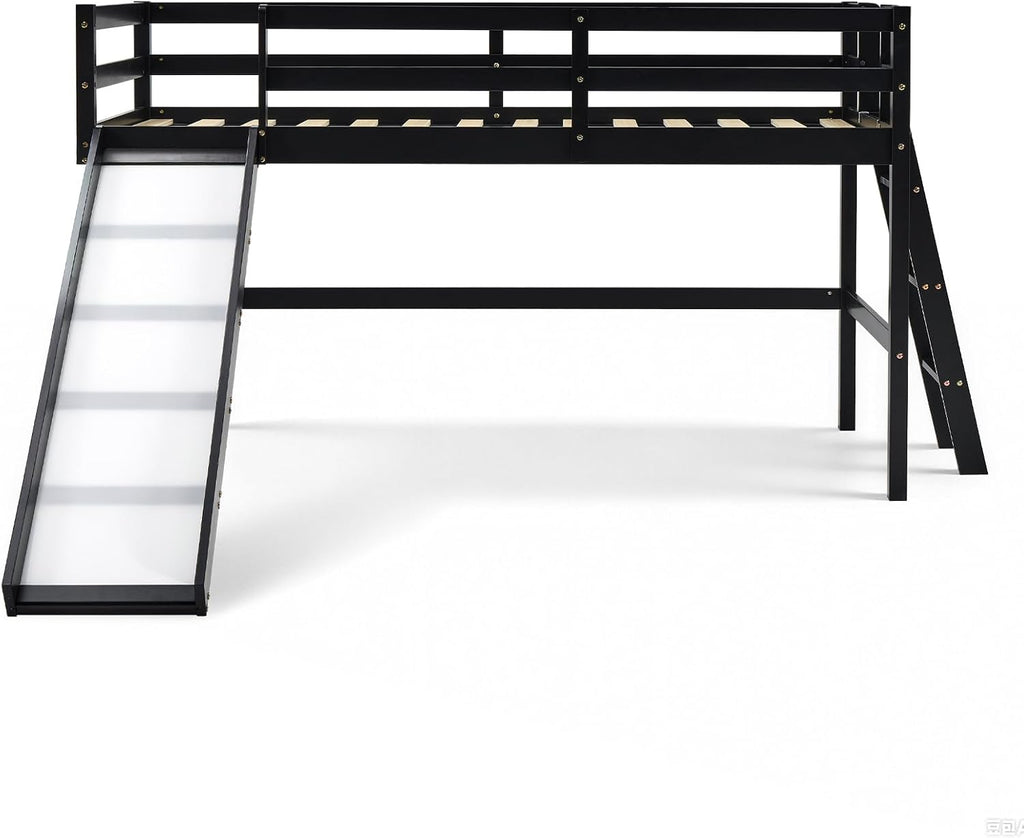 VINGLI 47 Inches Medium High Loft Bed with Slide, Space Saving Kids Low Loft Bed Twin Size with Guardrail and Flat Ladder, Pine Wood Bed Frame for Boys and Girls, Black