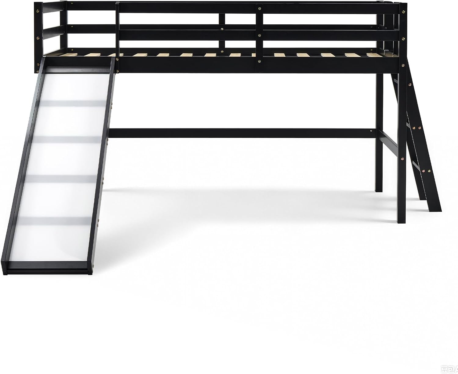 VINGLI 47 Inches Medium High Loft Bed with Slide, Space Saving Kids Low Loft Bed Twin Size with Guardrail and Flat Ladder, Pine Wood Bed Frame for Boys and Girls, Black