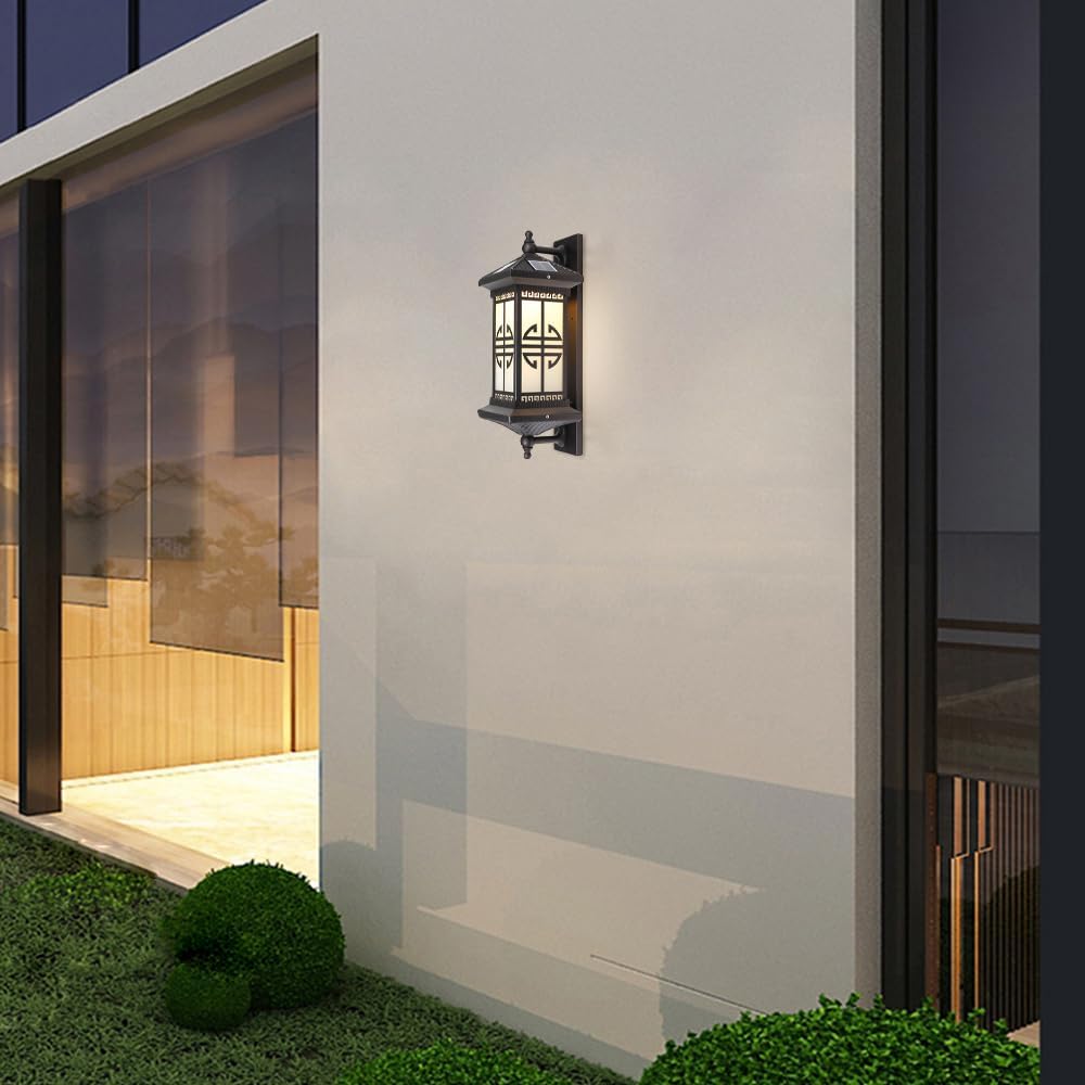 Outdoor Solar Wall Light Vintage Lantern Wall Sconce Cordless Solar Powered Wall Mounted Lamp Exterior Porch Lights Patio Fence Outside Sconces Wall Lighting Fixture